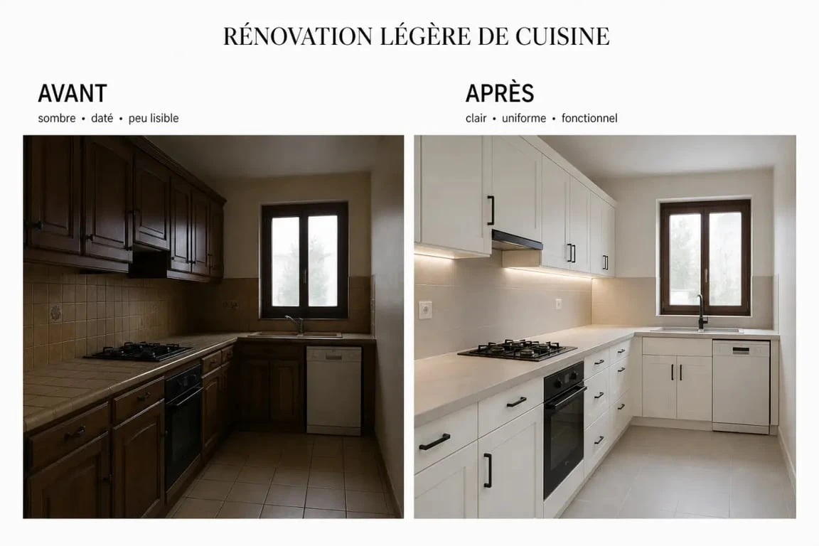 Rénovation cuisine ancienne avant et après avec façades claires, poignées modernes et éclairage LED