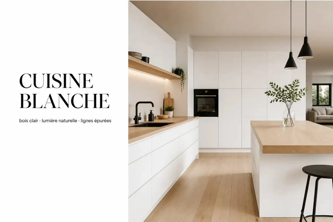Cuisine équipée blanche plan de travail bois dans une ambiance lumineuse et chaleureuse