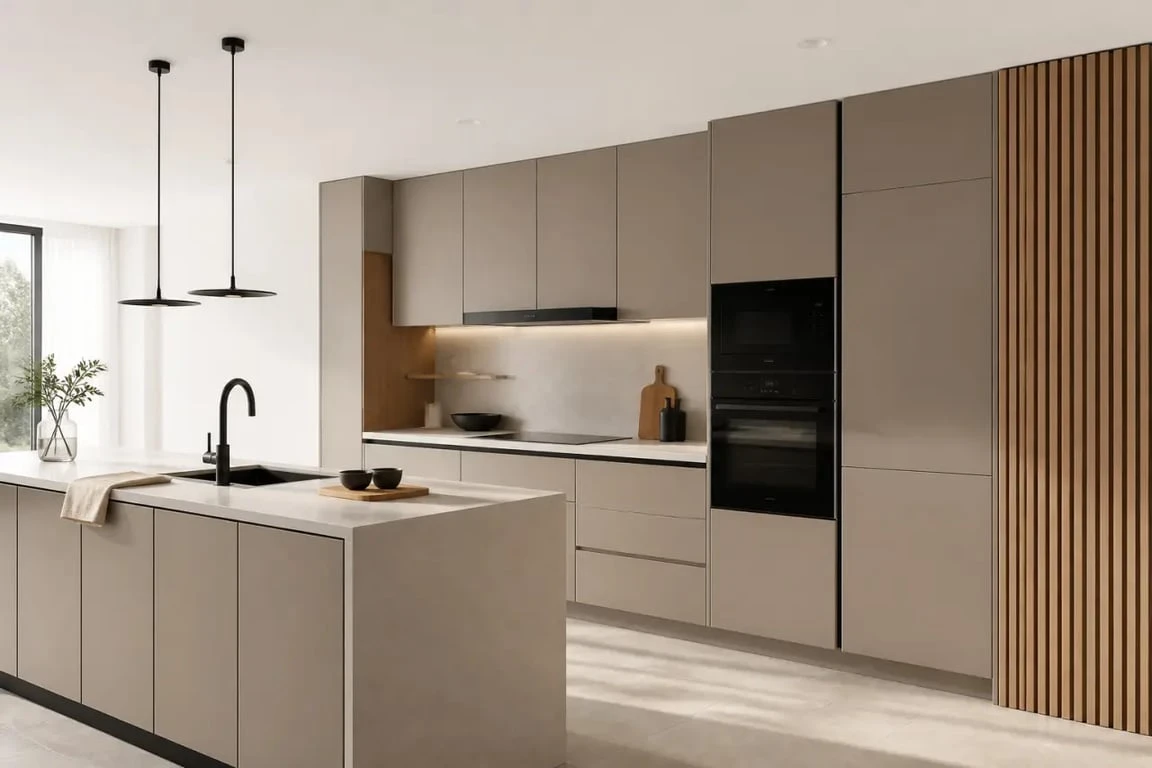 Cuisine couleur taupe moderne avec plan de travail clair et touches de bois