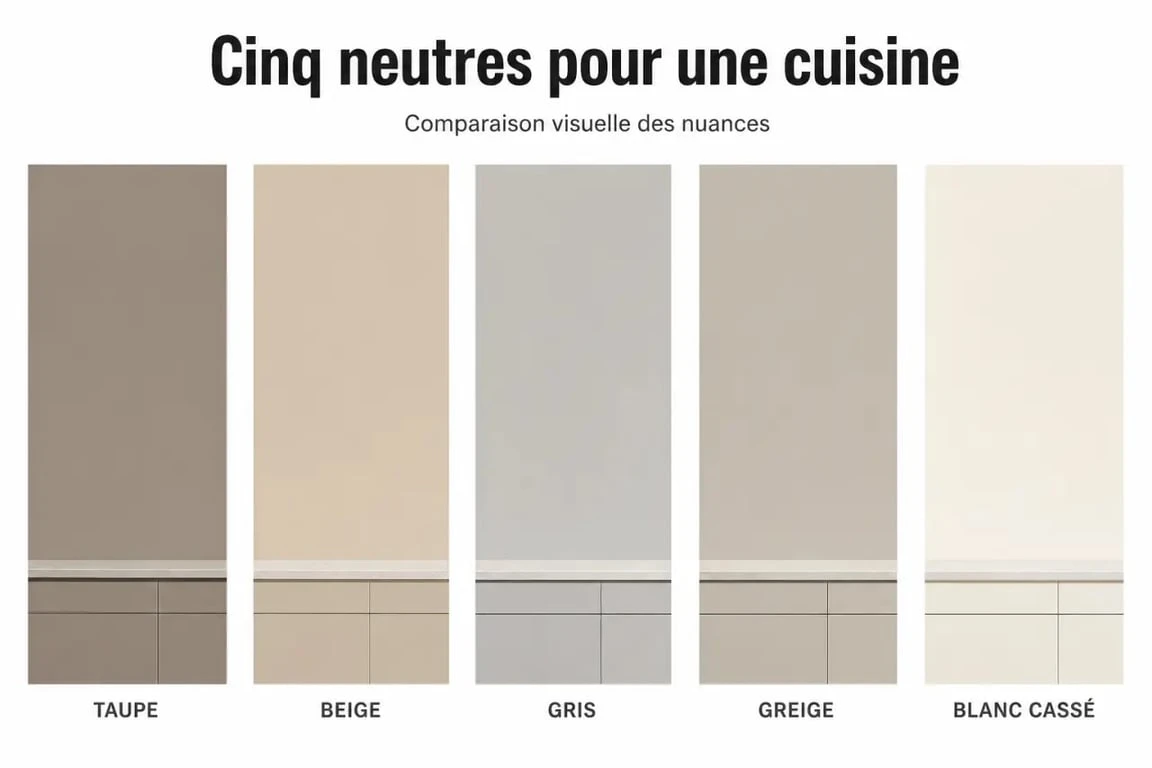Comparatif visuel cuisine couleur taupe, beige, gris, greige et blanc cassé