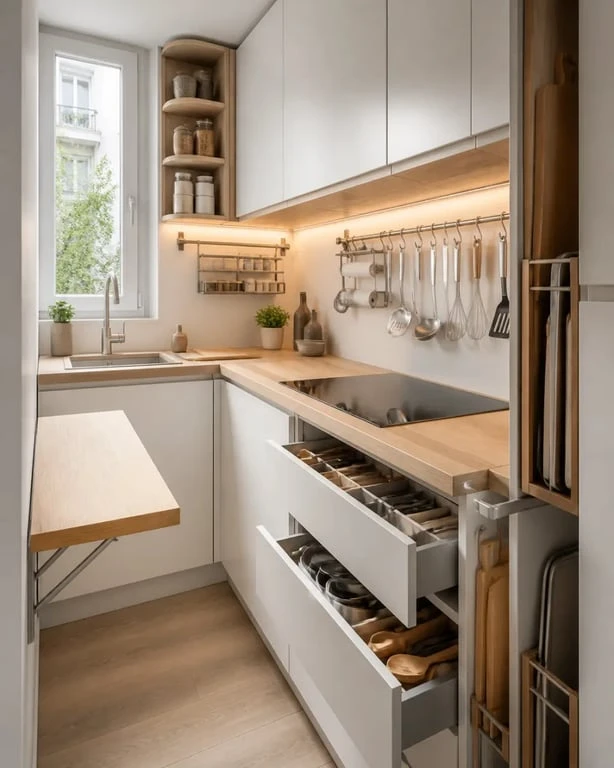 Aménagement petite cuisine 4m2 avec rangements verticaux, éclairage LED et meubles multifonctions