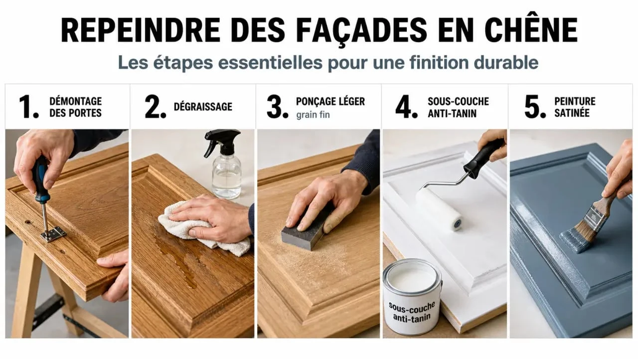 Relooking cuisine ancienne en chêne avec étapes de préparation et peinture des façades