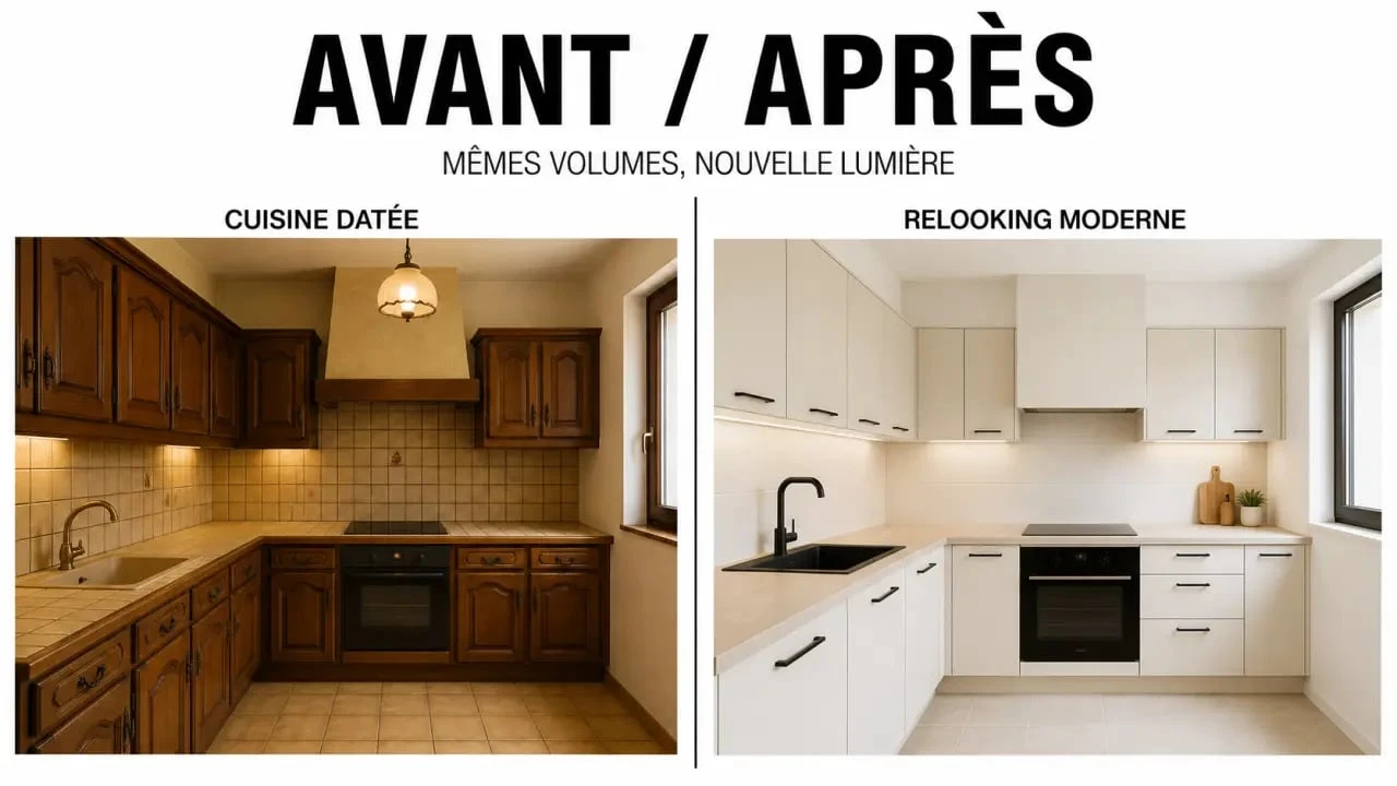 Relooking cuisine ancienne avant après avec façades claires, poignées modernes et éclairage revisité