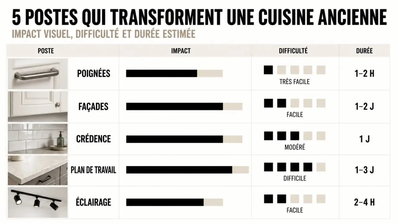 Relooking cuisine ancienne comparatif des postes prioritaires pour moderniser la pièce