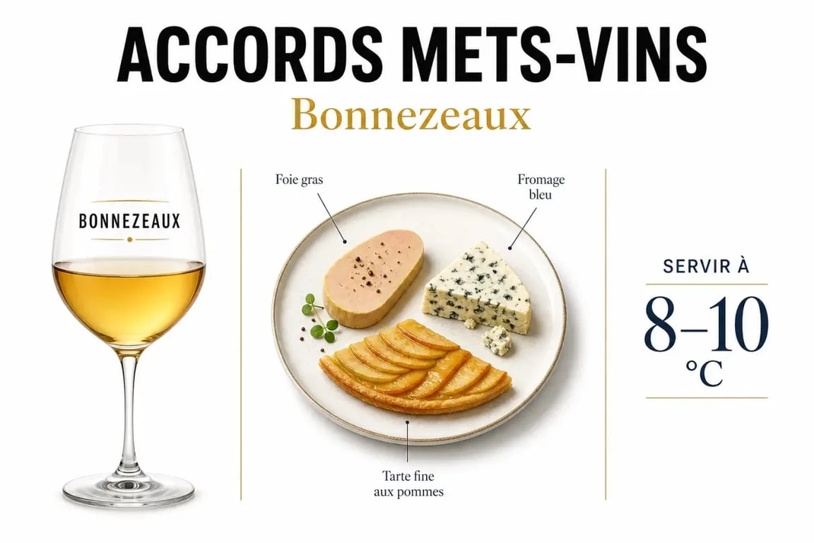 Bonnezeaux accord mets vins : illustration éditoriale des meilleurs accords avec foie gras, fromages et desserts fruités