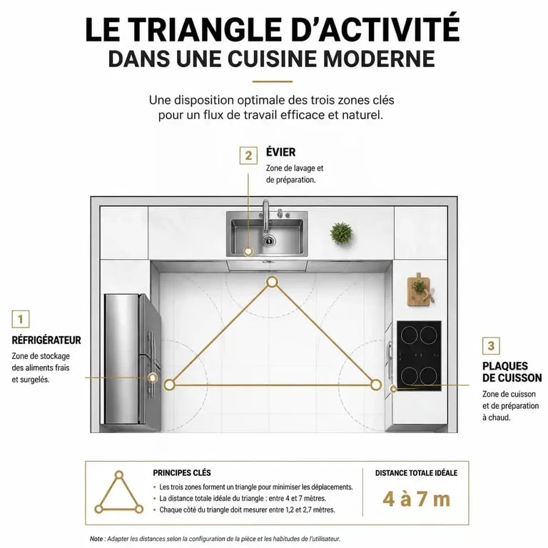 Schéma du triangle d'activité pour une cuisine pratique et fonctionnelle