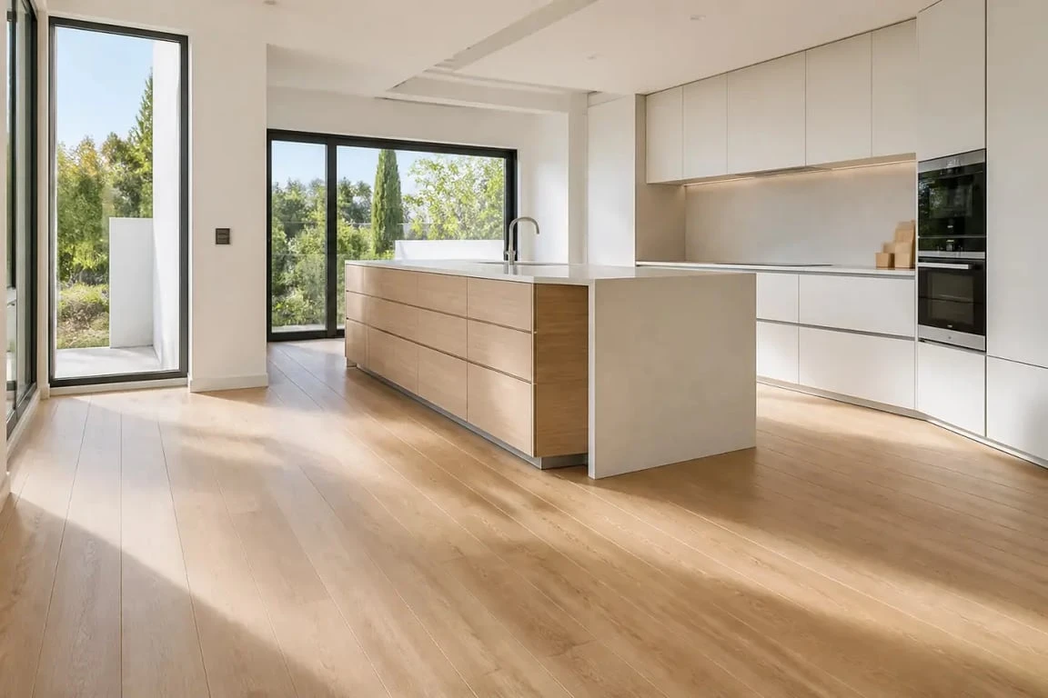Sol stratifié dans cuisine moderne avec effet bois chaleureux et lumière naturelle