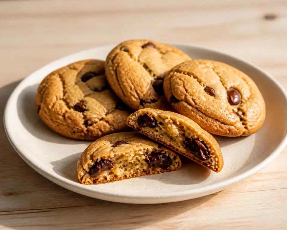 Recette avec beurre de cacahuète : cookies moelleux dorés et gourmands sur une assiette blanche