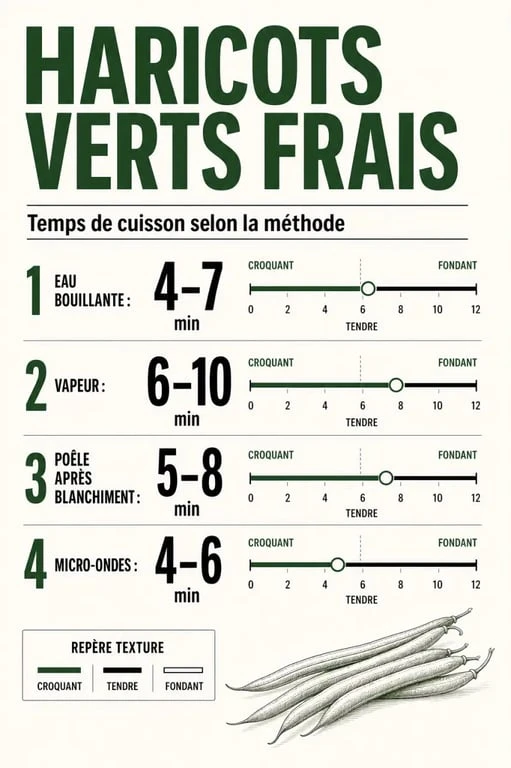 Cuisson haricot vert frais : infographie des temps de cuisson selon la méthode