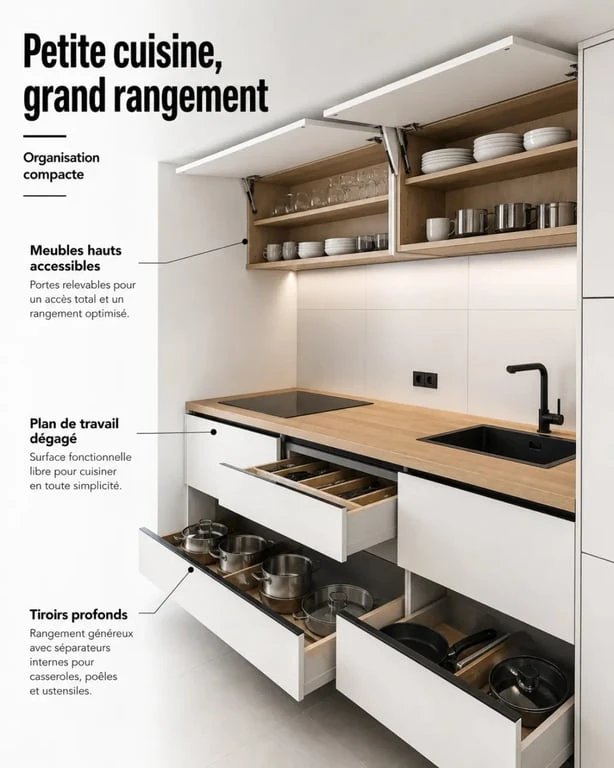Cuisine en kit pour petite cuisine : organisation compacte avec rangements utiles et plan de travail dégagé