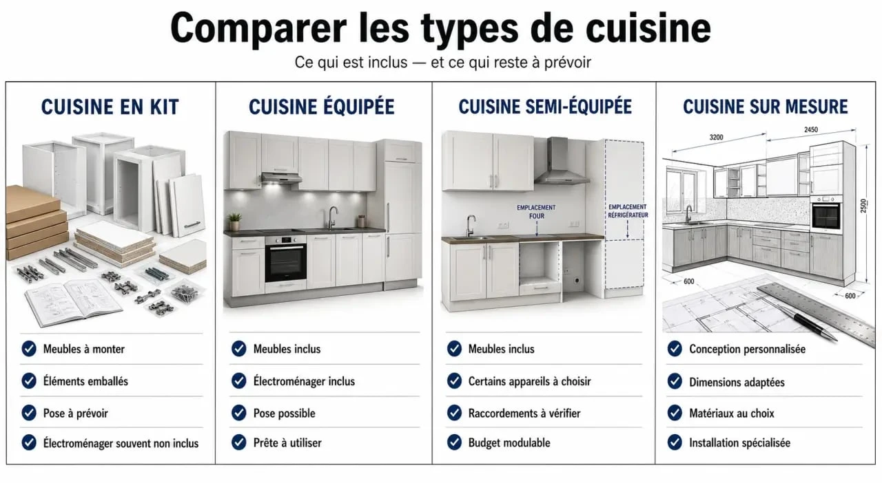 Cuisine en kit : comparaison visuelle entre cuisine en kit, cuisine équipée, cuisine semi-équipée et cuisine sur mesure