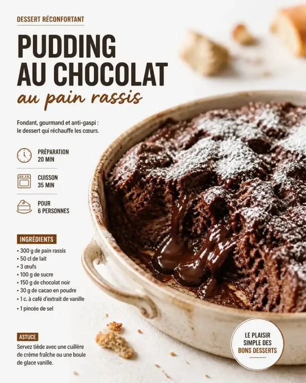 Pudding au chocolat fondant réalisé avec du pain rassis, une recette anti-gaspi gourmande.