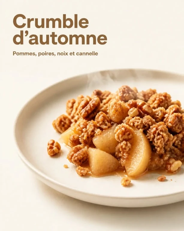 Dessert d automne : crumble pommes-poires aux noix et cannelle servi tiède dans une assiette élégante