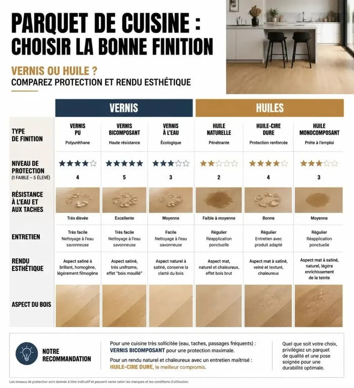 Tableau comparatif des finitions de parquet pour cuisine : vernis et huiles