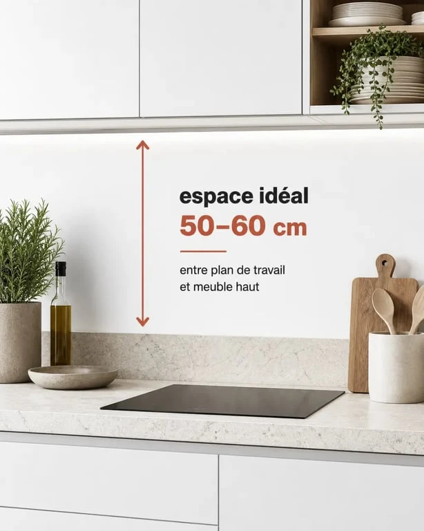 Hauteur meubles hauts cuisine : espace idéal de 50 à 60 cm entre plan de travail et meuble haut