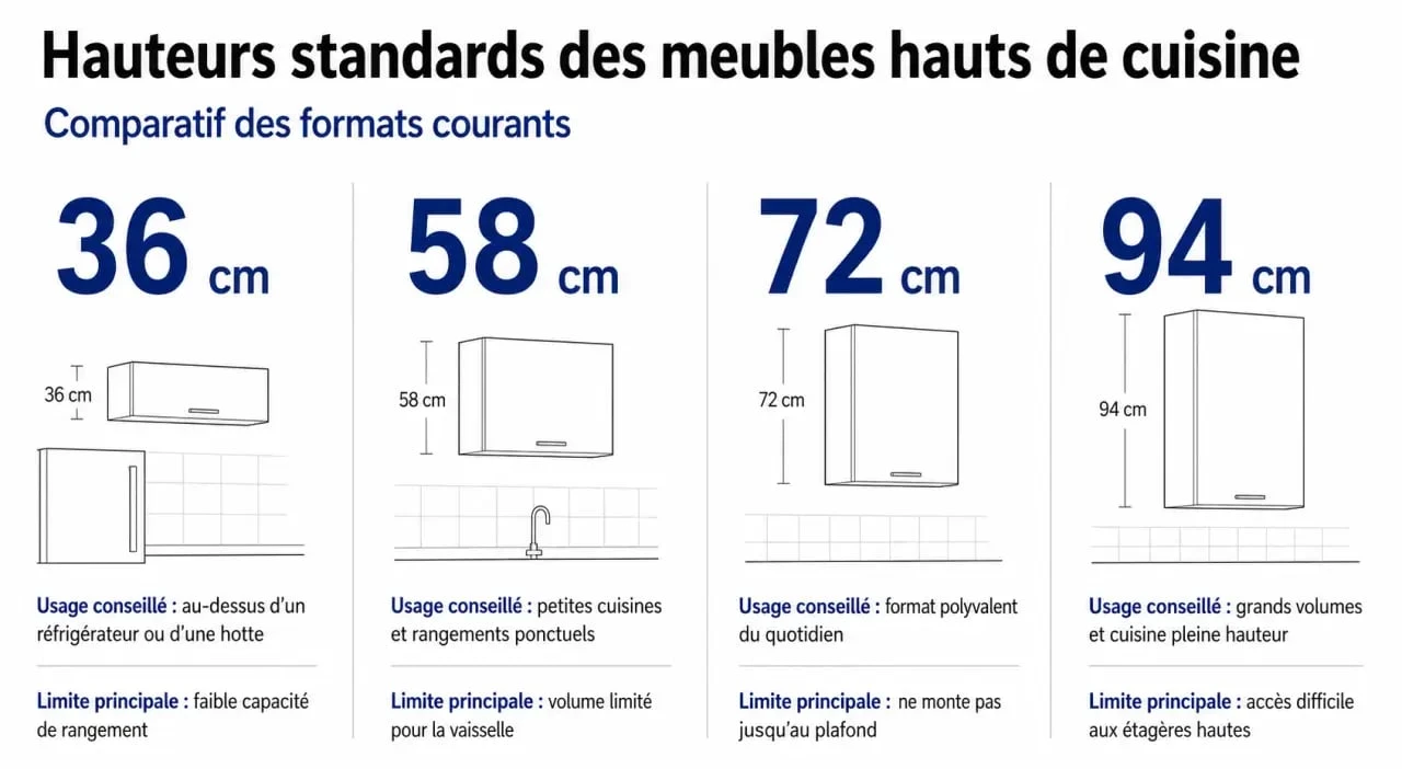 Hauteur meubles hauts cuisine : comparaison des hauteurs de caisson 36, 58, 72 et 94 cm