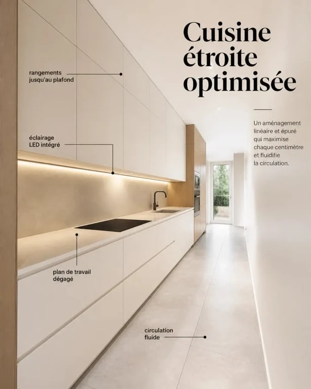 Amenagement cuisine longueur : cuisine en couloir lumineuse avec rangements hauts, plan de travail dégagé et circulation fluide