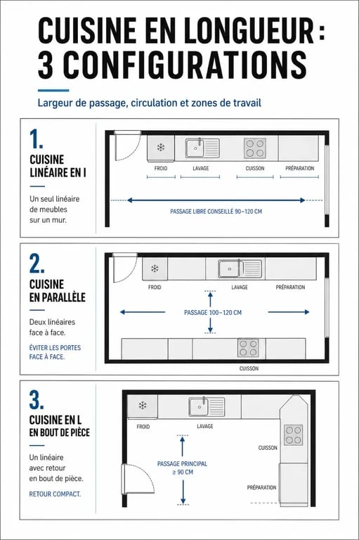 Amenagement cuisine longueur : comparaison des configurations en I, en parallèle et en L avec largeurs minimales