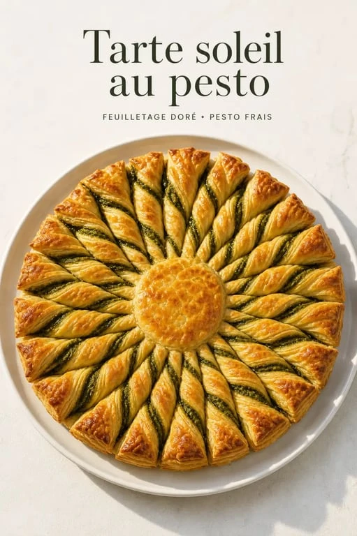 Tarte du soleil pesto dorée et croustillante, vue de dessus sur assiette blanche