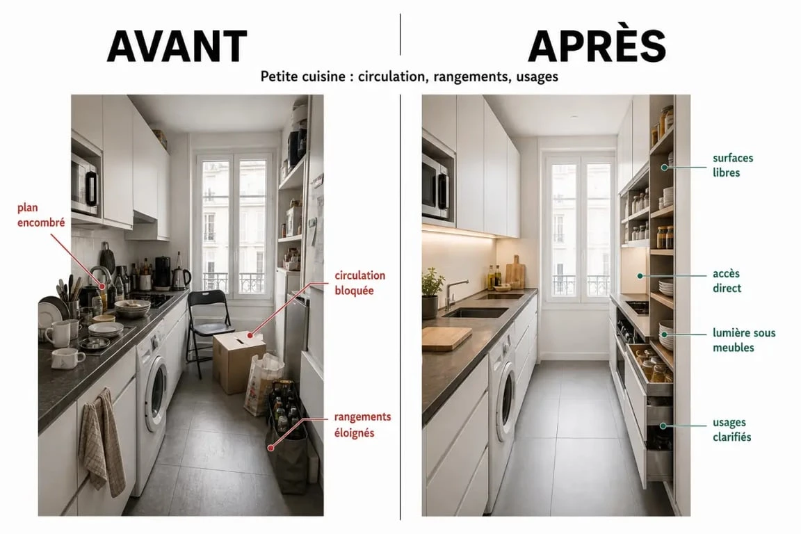 Cuisine fonctionnelle : avant et après optimisation d'une petite cuisine