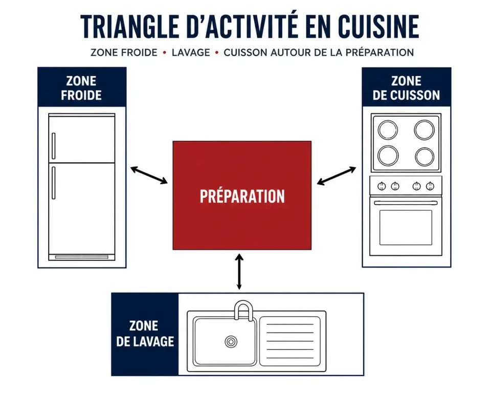 Cuisine fonctionnelle : schéma des zones d'activité et du triangle de circulation
