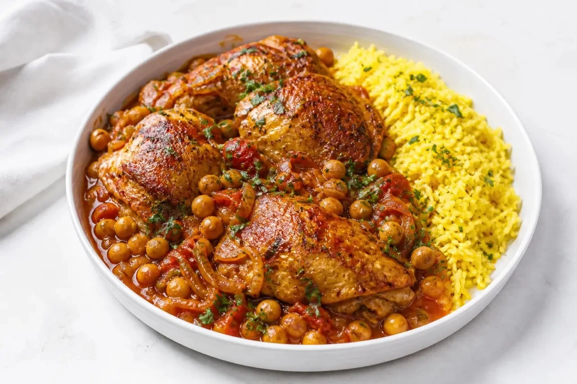 Recette au poulet marocain en cocotte servie avec riz au safran et pois chiches