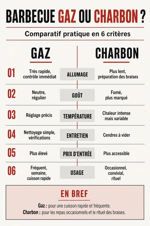 Barbecue gaz ou charbon : visuel comparatif des différences de goût, d’allumage, d’entretien et de prix