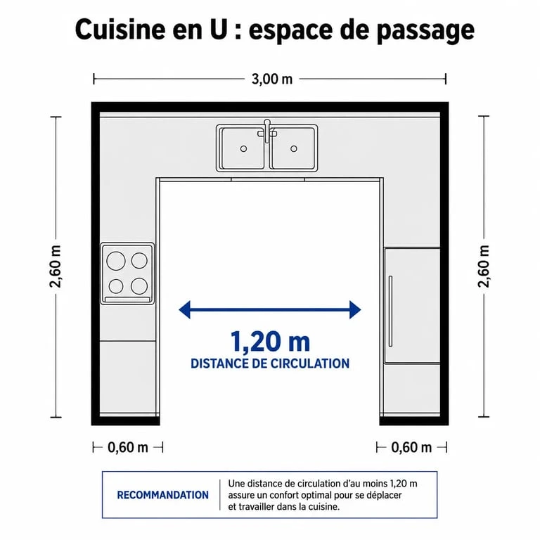 Illustration des dimensions de circulation dans une cuisine en U
