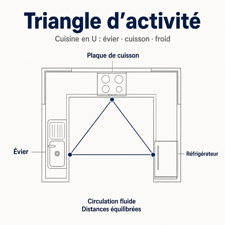 Schéma du triangle d'activité dans une cuisine en U pour optimiser le plan de travail