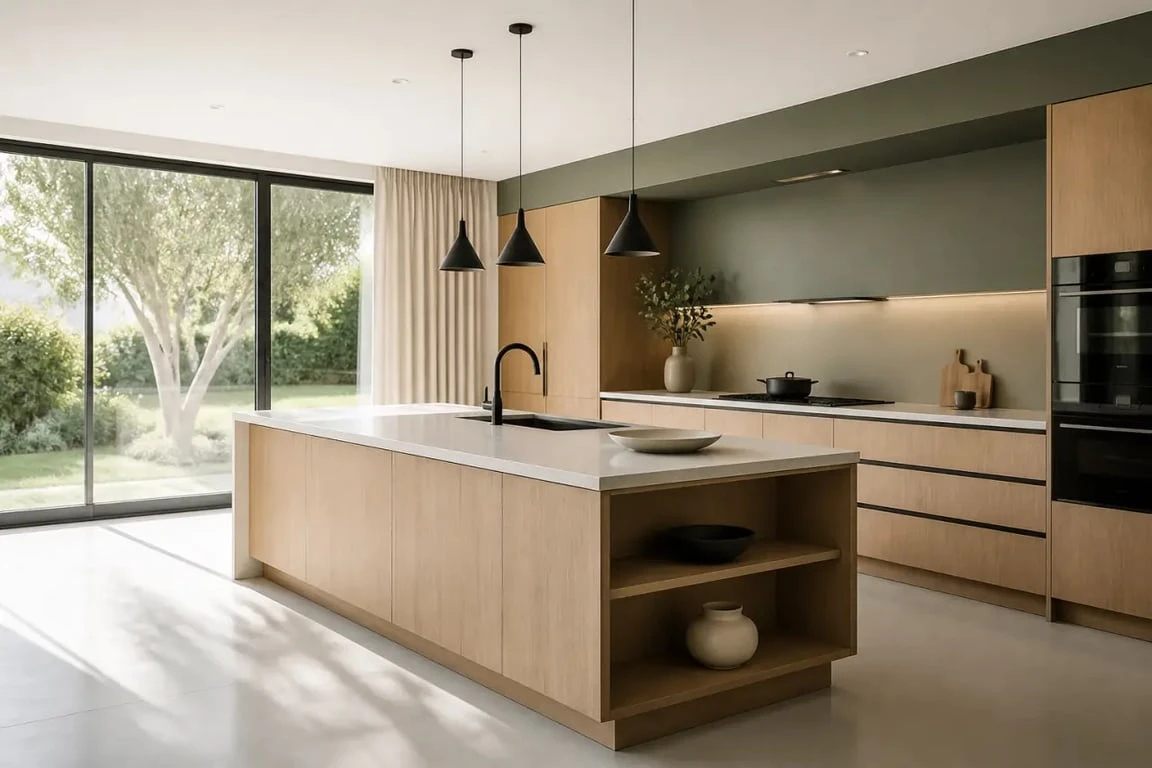 Cuisine noir et bois avec mur vert sauge