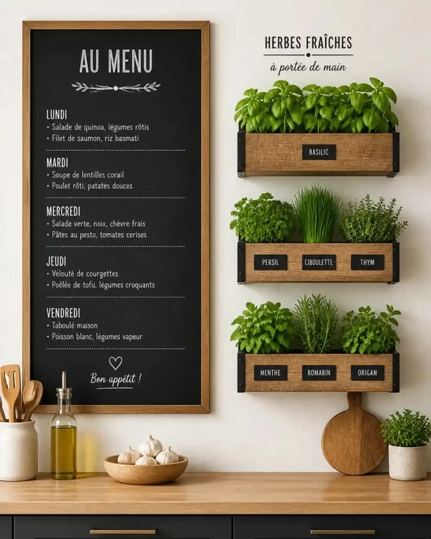 Décoration murale de cuisine avec tableau noir et plantes aromatiques