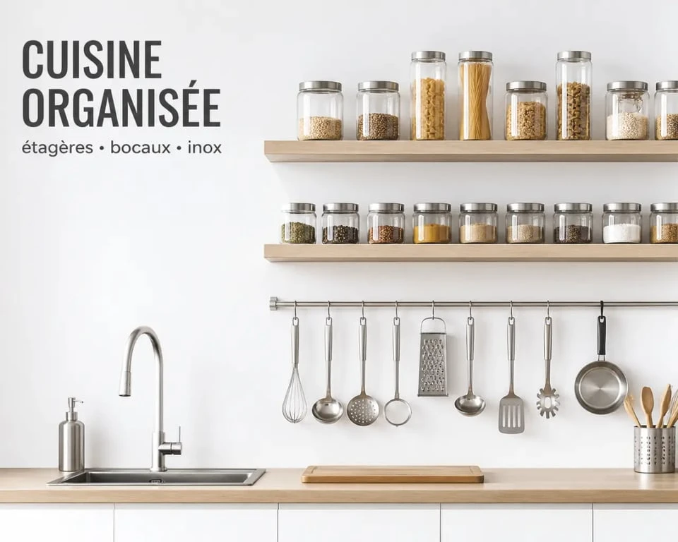 Idée pour habiller un mur de cuisine avec des étagères suspendues et des ustensiles organisés