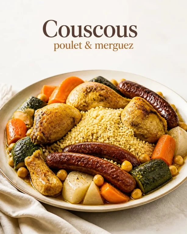 Recette du couscous poulet merguez servie dans un grand plat convivial avec semoule, poulet doré, merguez grillées et légumes