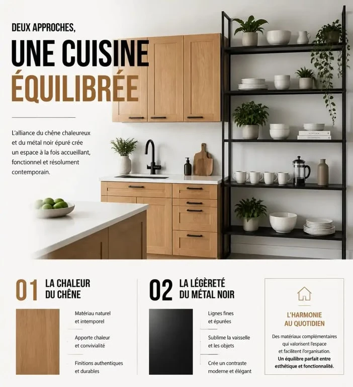 Moderniser une cuisine en bois avec des étagères ouvertes en métal noir et des plantes