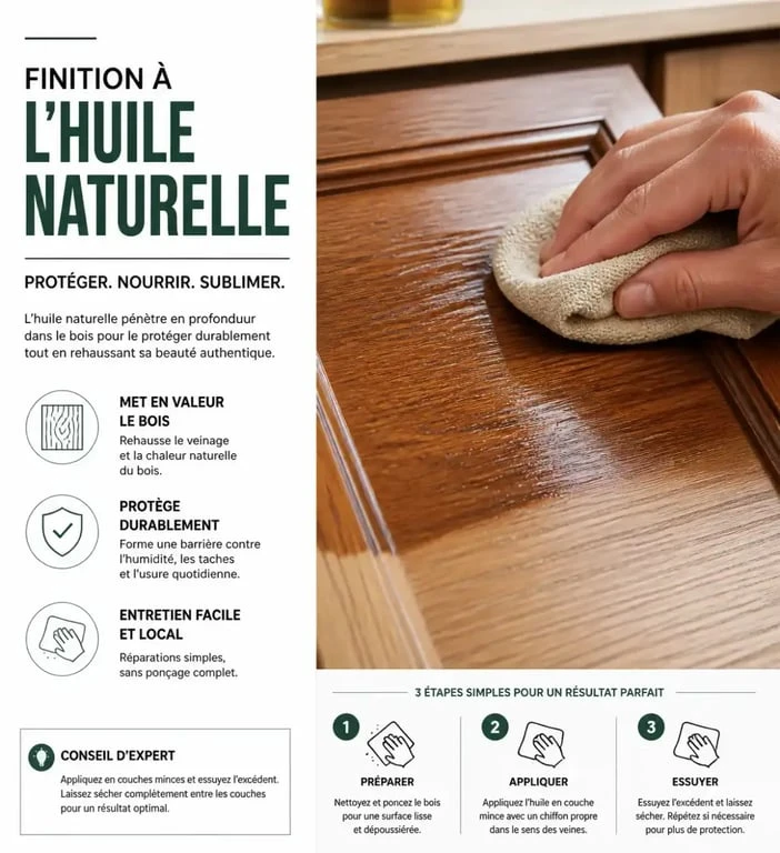 Application d'une huile protectrice sur une façade de cuisine en bois pour la rénover
