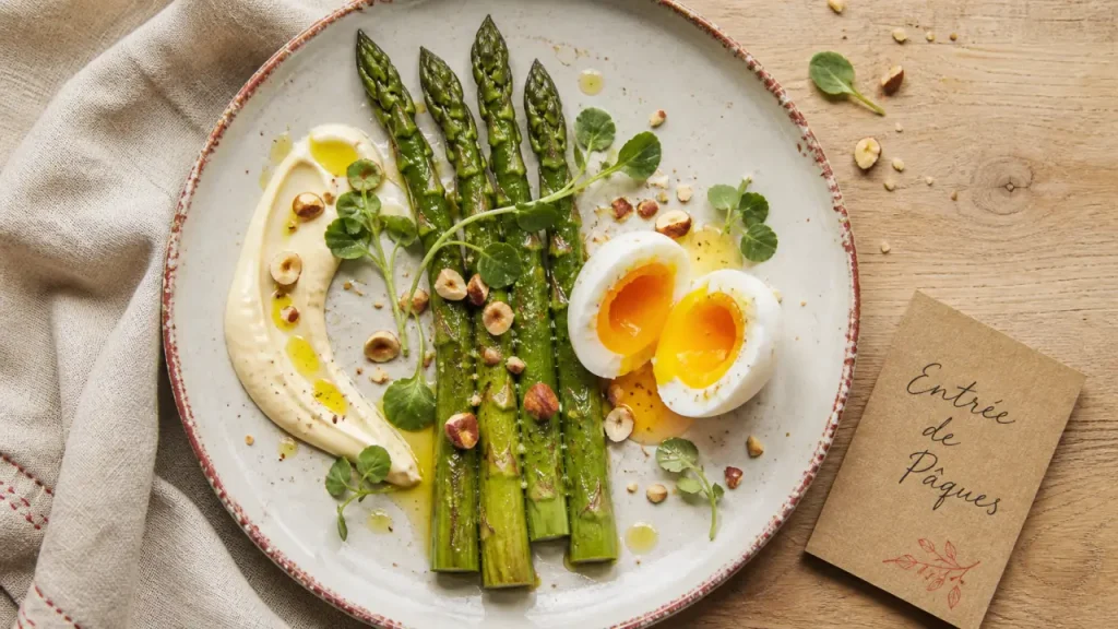 Entrée pâques gastronomique : asperges vertes, œuf mollet et fruits de mer