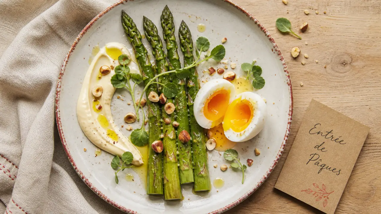 Entrée pâques gastronomique : asperges vertes, œuf mollet et fruits de mer