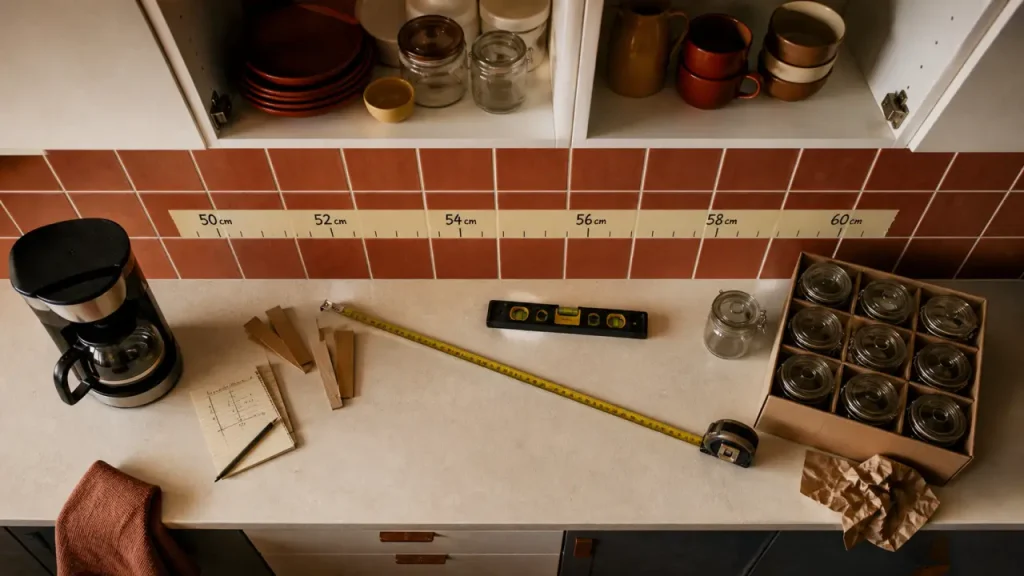 Meubles hauts de cuisine : 50 à 60 cm au-dessus du plan, avec 36, 58, 72 ou 94 cm de caisson