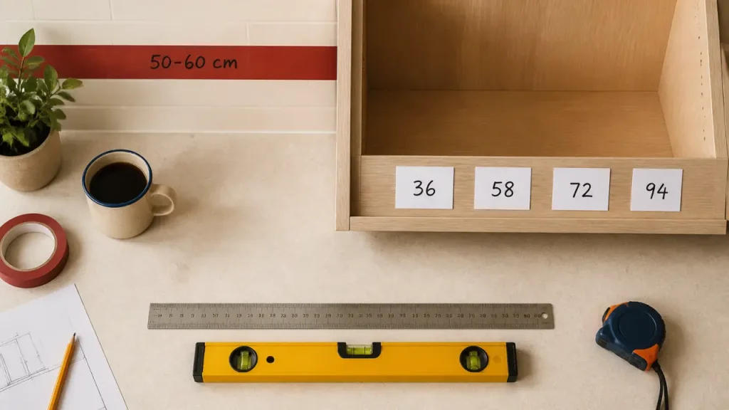 Hauteur meubles hauts cuisine : 50 à 60 cm du plan, repère de mesure