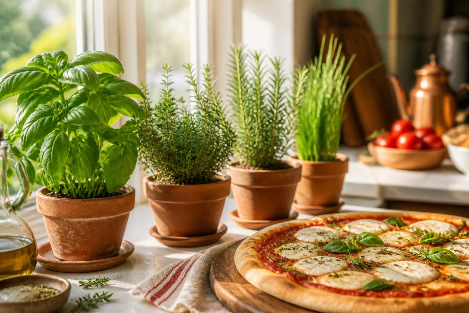 Herbes à cultiver pour pizzas maison : basilic, thym, romarin
