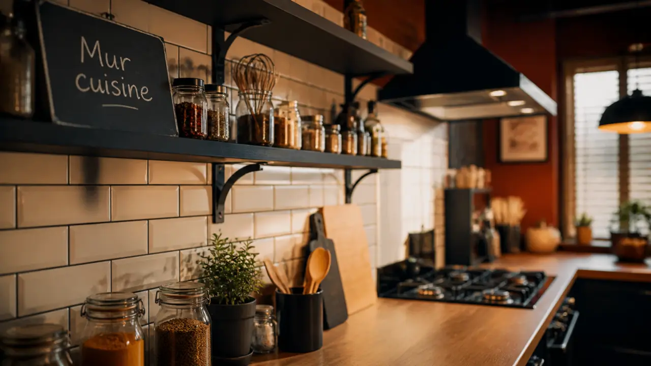 Idée pour habiller un mur de cuisine : crédence adhésive effet métro en cuisine moderne