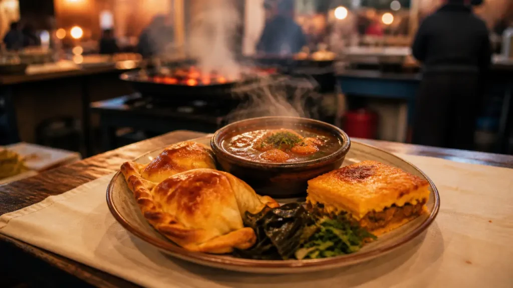 Nourriture du chili : ceviche et curanto, empanadas et cazuela fumante sur table chilienne