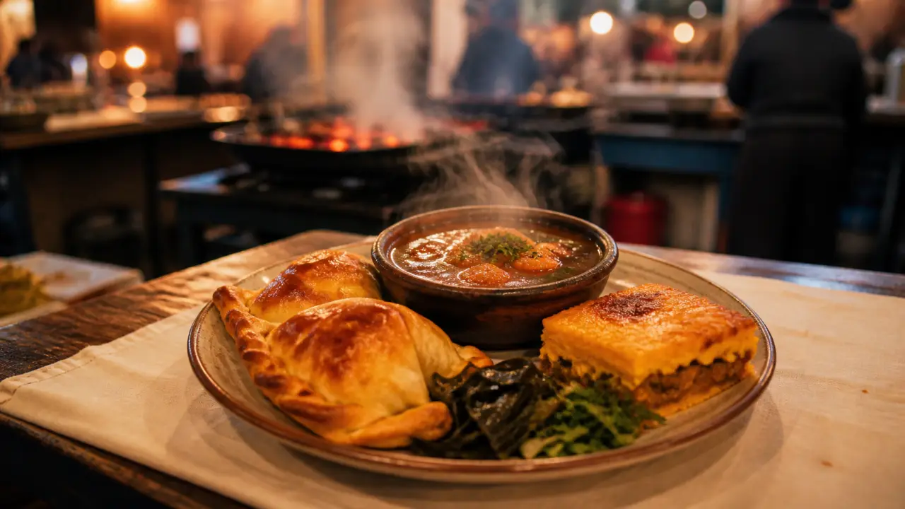 Nourriture du chili : ceviche et curanto, empanadas et cazuela fumante sur table chilienne