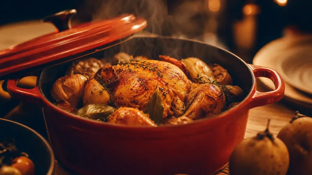 Poulet au four cocotte fermée : poulet doré en cocotte rouge, vapeur