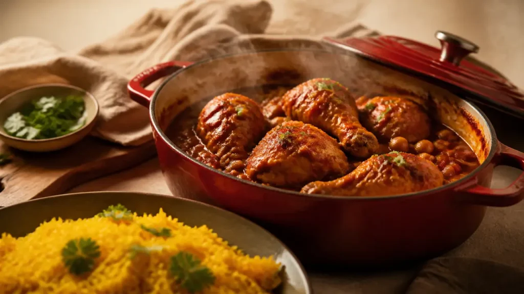 Recette au poulet marocain en cocotte : poulet doré, pois chiches et riz safrané