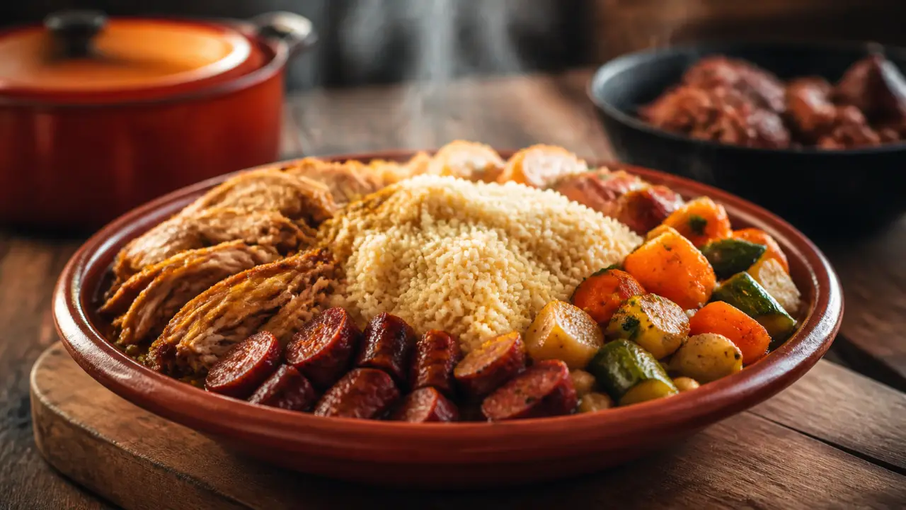 Recette du couscous poulet merguez : semoule fumante, poulet doré et merguez grillées