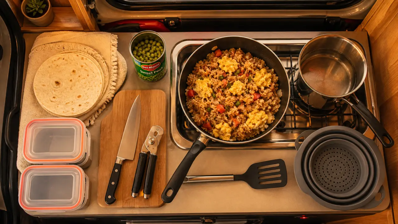 Repas camping car : riz sauté et œufs en poêle, peu d’eau