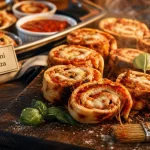 Rotolini di pizza moelleux sur planche bois, spirales et fromage filant