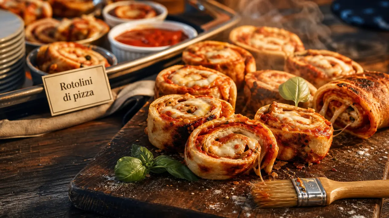 Rotolini di pizza moelleux sur planche bois, spirales et fromage filant