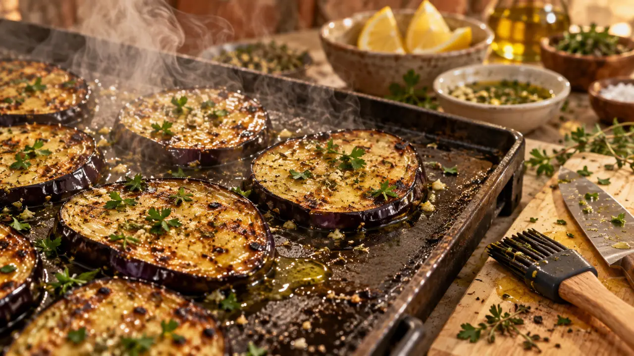 Aubergine plancha grillée, tranches 5 à 7 mm dorées et fondantes